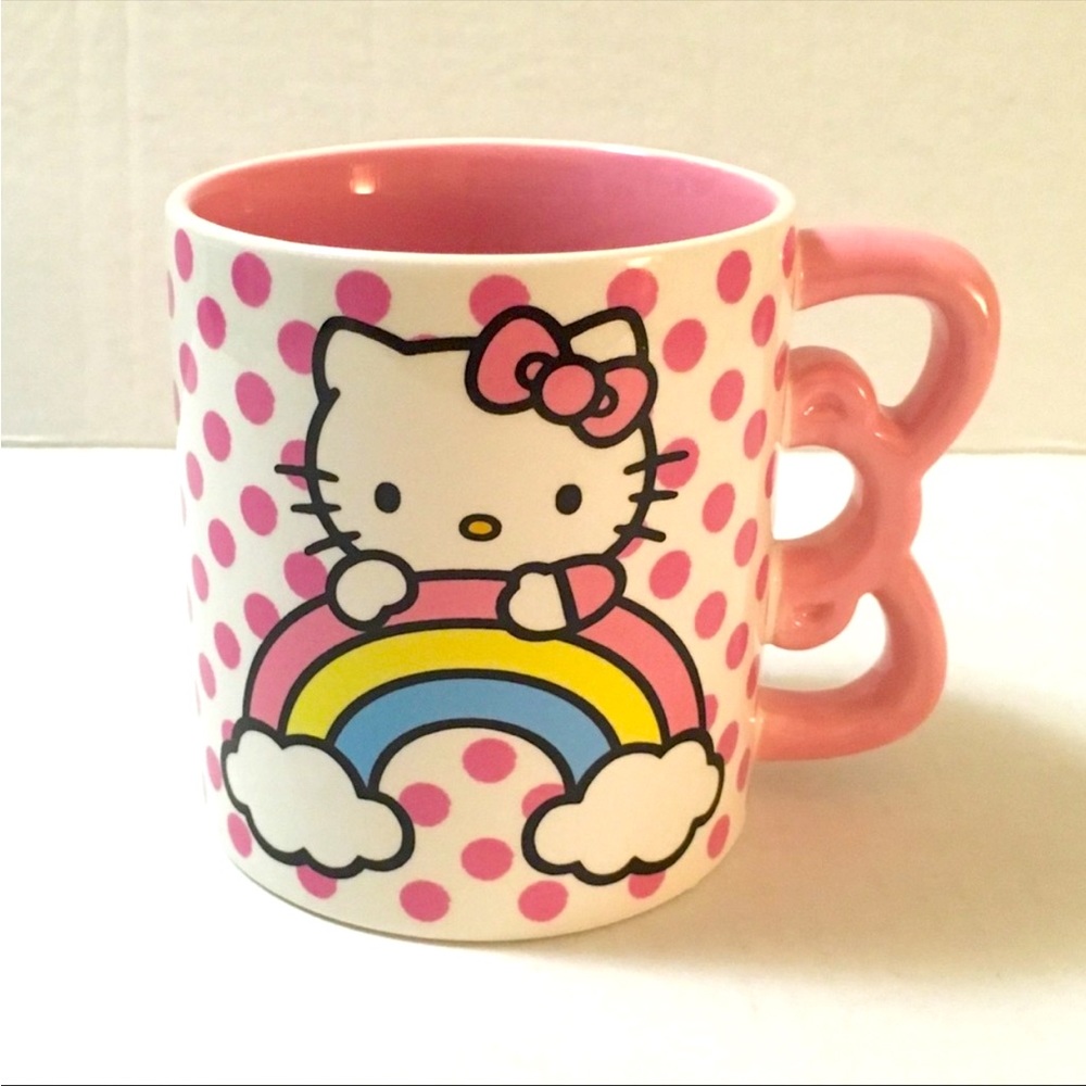 Hello Kitty Bow Handle Ceramic Coffee Tea Mug 20oz Polka Dots & Rainbow